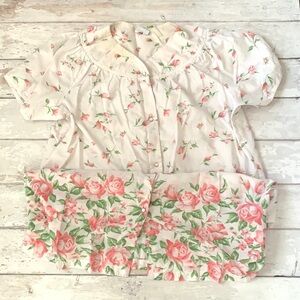 Women’s L/G Kimono Nightgown Sleep Dress Pajamas White Pink Flowers Print Large